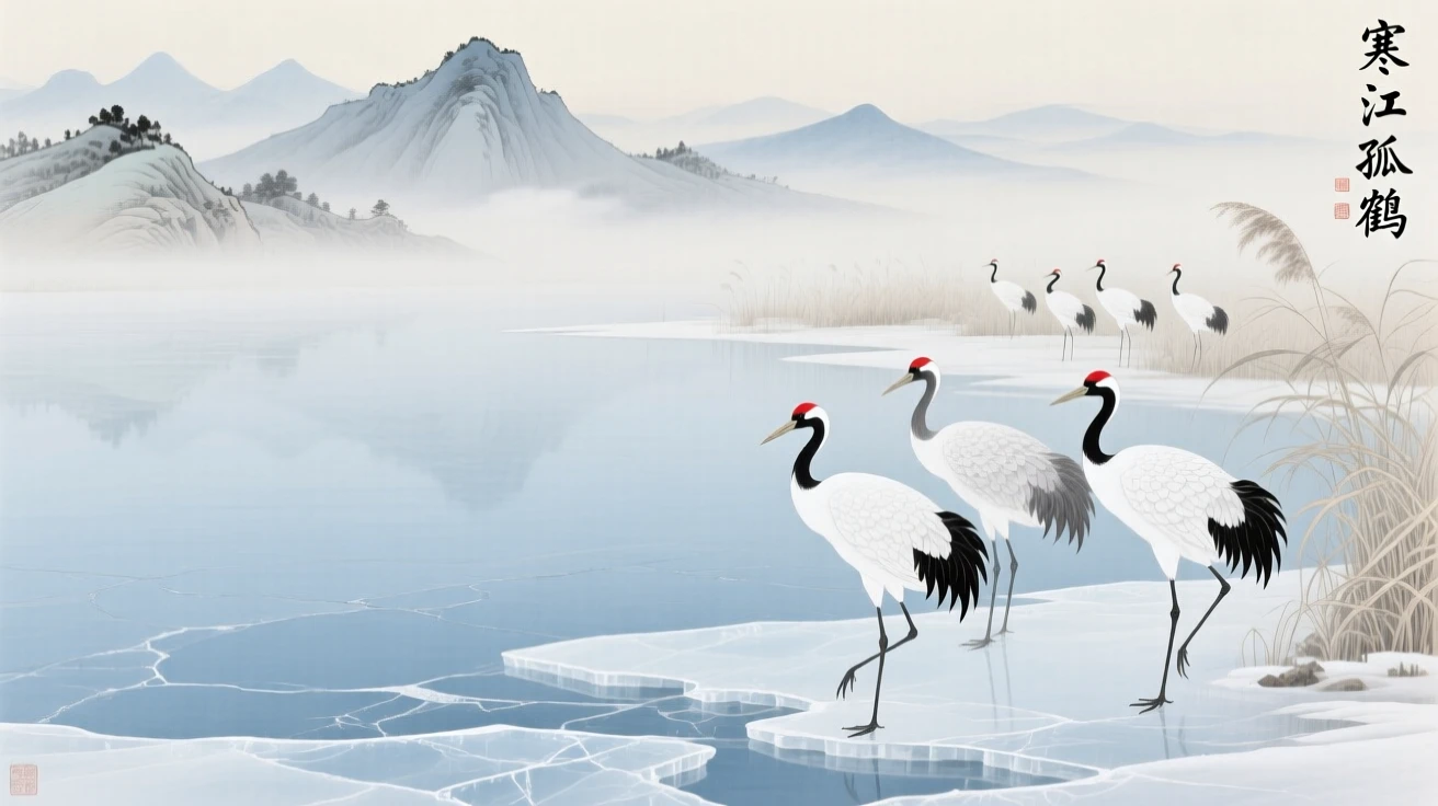 A frozen lake with cranes standing at its edge, distant peaks fading into layers of mist