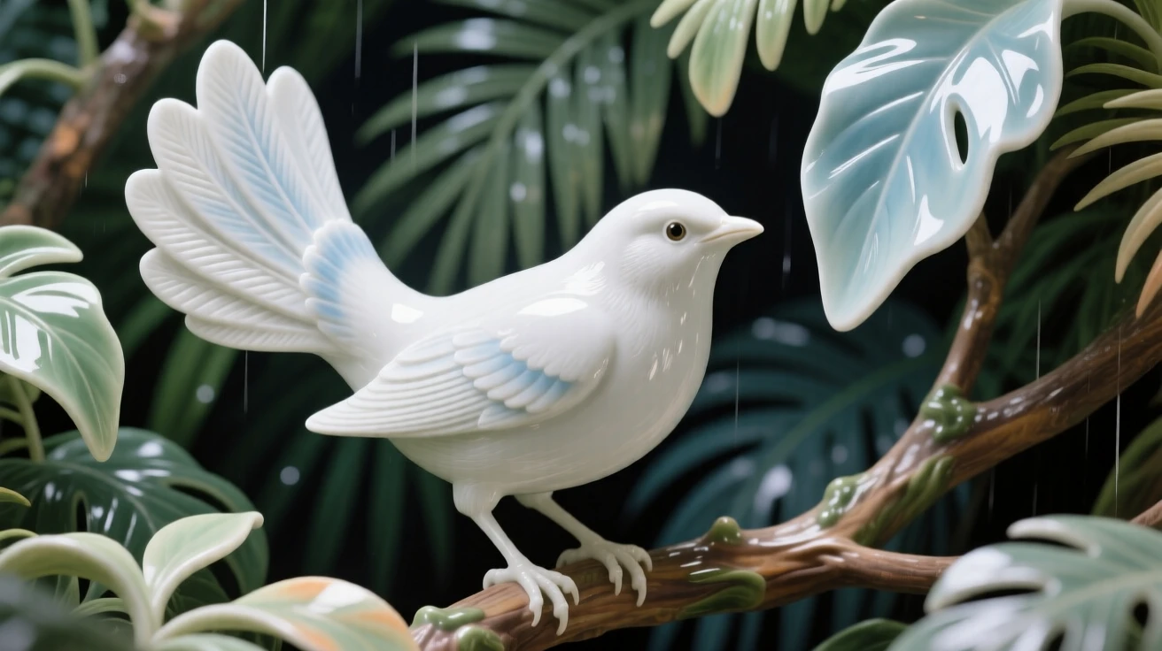 A elegant nightingale in a tropical rainforest canopy, its tail feathers fanned in full display.