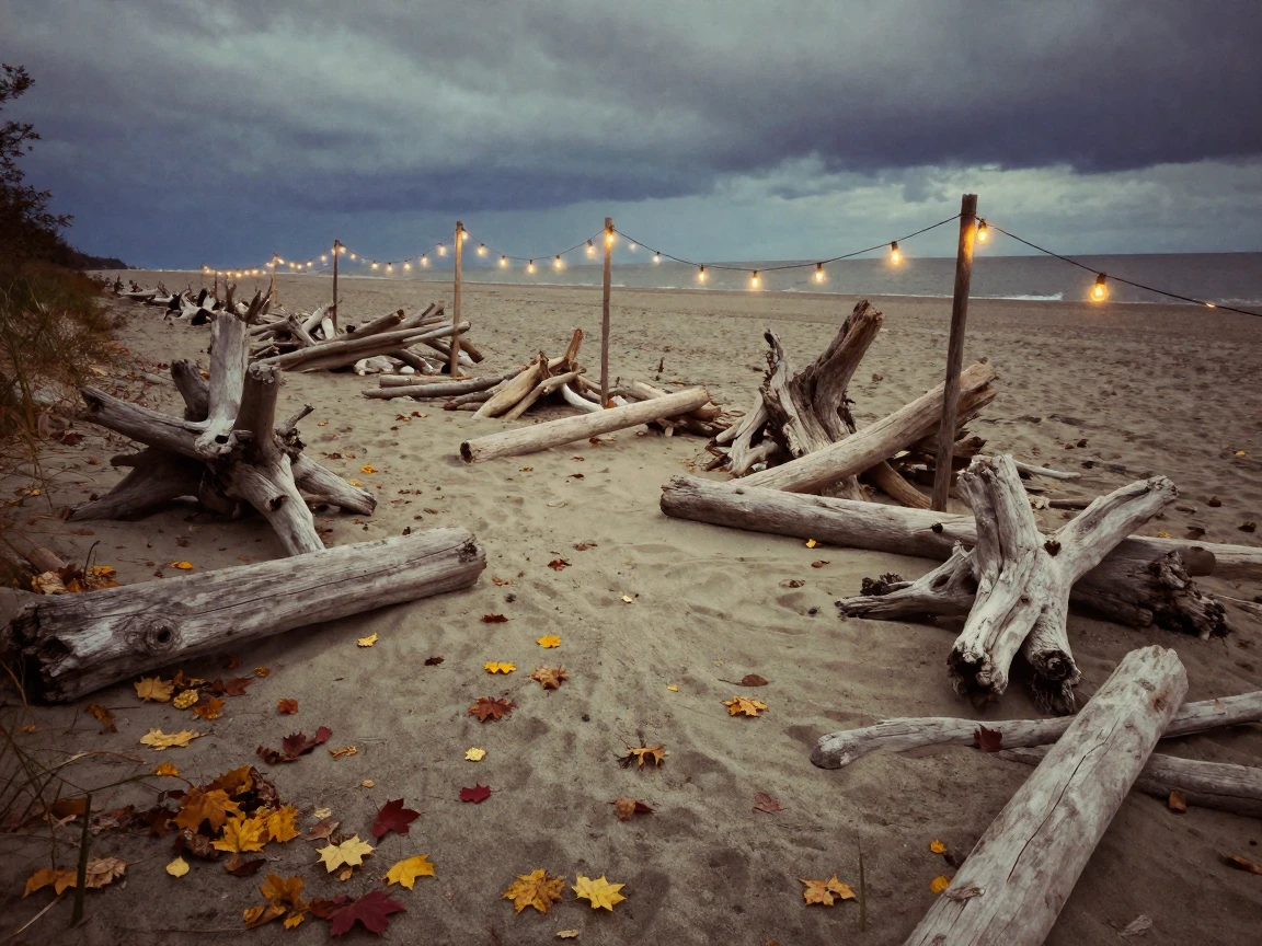 Driftwood scattered across a windswept, empty beach, under strings of warm string lights, under a darkening storm sky, as autumn leaves turn gold and red, with a soft sepia-tinted glow, shot from directly overhead.