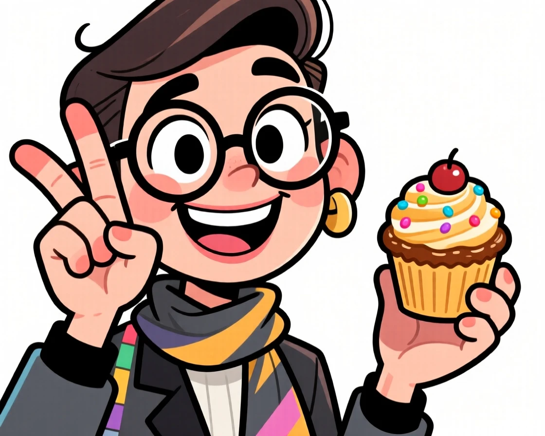 A charming portrait of a stylish fashion designer, peeking mischievously from behind crossed fingers, holding up a freshly baked treat.