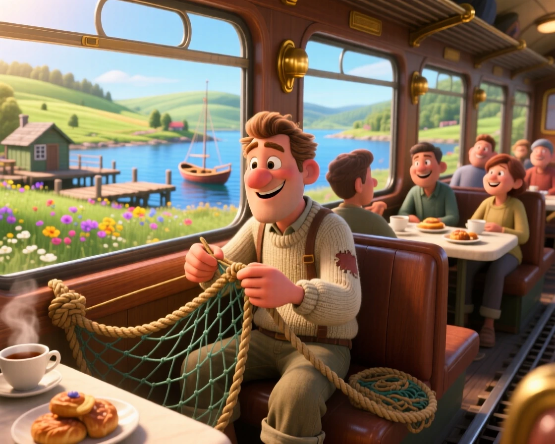A fisherman mending nets at a small harbor is captured inside a sunlit train car rolling past the countryside, with soft chatter drifting from nearby tables. The atmosphere feels cozy, human, and full of small joys.