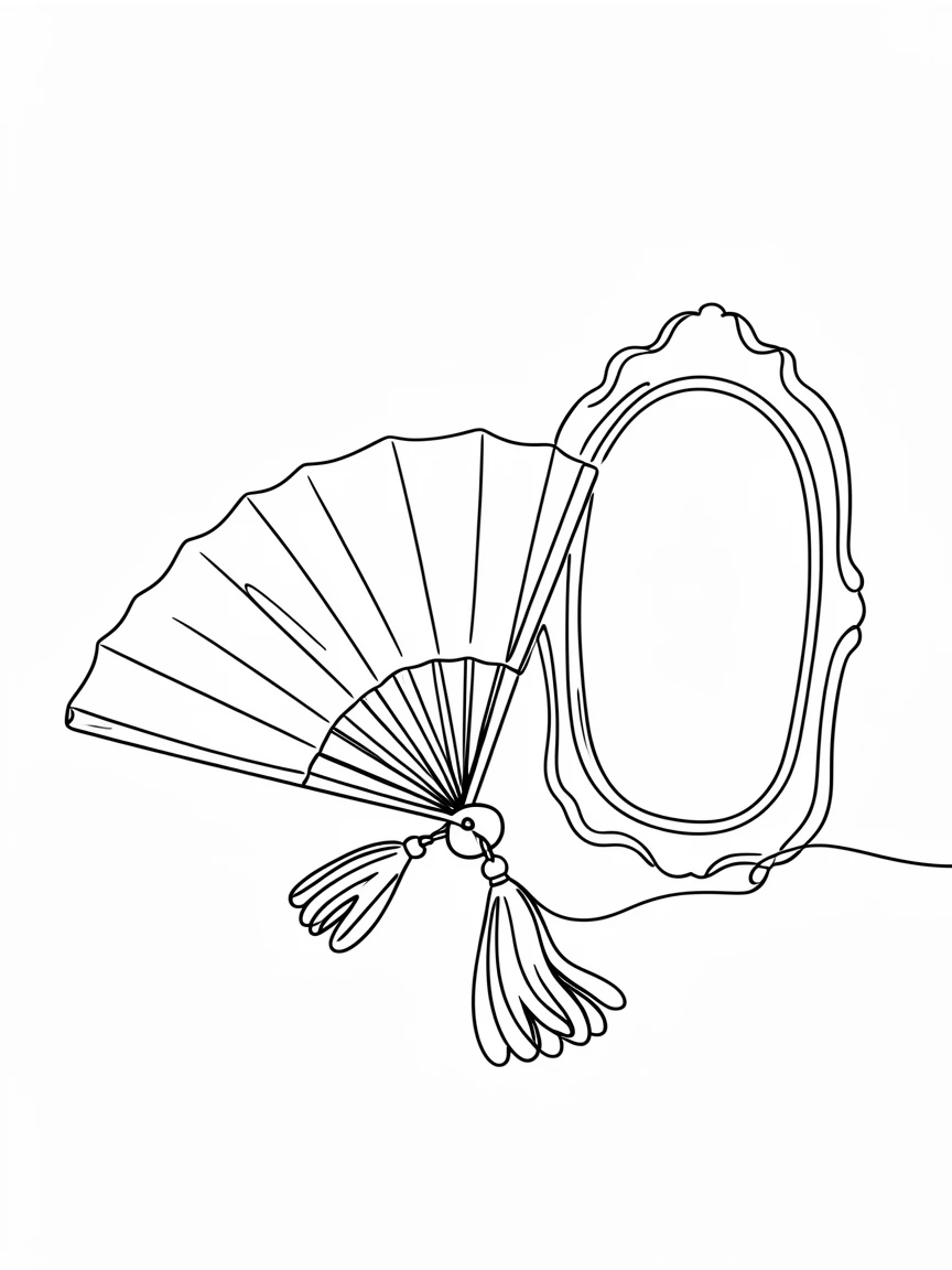 A tasseled silk fan resting open beside an antique mirror