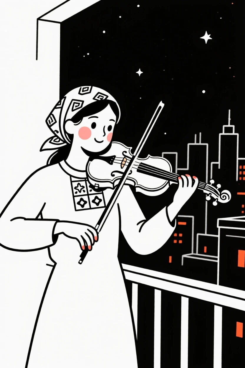 A violinist of turkish heritage mid-performance, full of curious wonder, on a city balcony at night.