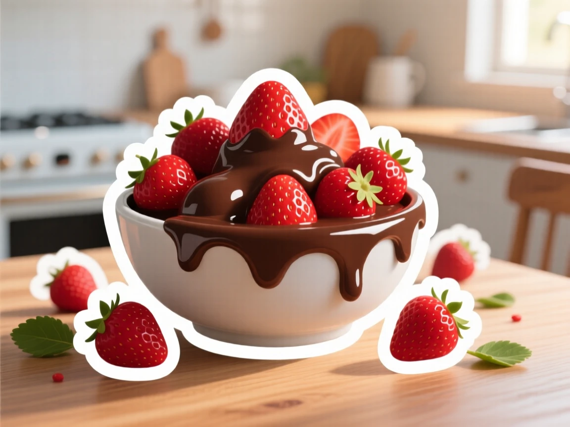 A cozy and comforting bowl of fresh strawberries dipped in chocolate, with fresh berries scattered around it, in a cozy kitchen during breakfast.