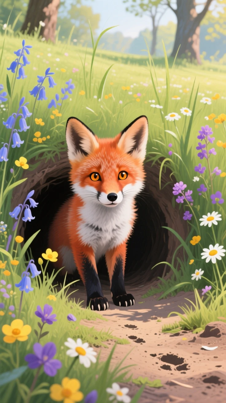 A curious fox kit peeks out from its den entrance in a spring meadow, wildflowers blooming around the burrow in soft morning light, small environmental cues, like tracks or disturbed grass, hinting at its recent movement.