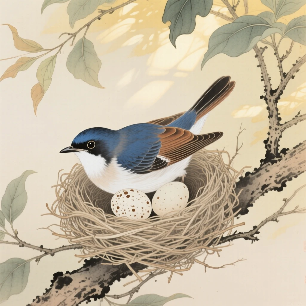 A paradise flycatcher tucked into a nest of twigs with two speckled eggs, soft morning light filtering through the branches