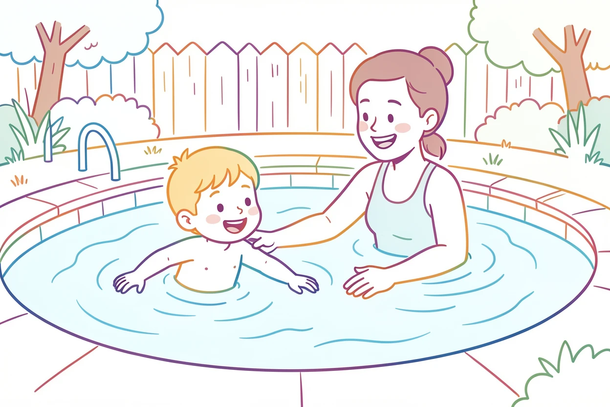 A child learning to swim with the help of a parent in a backyard pool.
