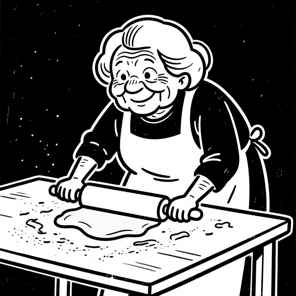 A grandmother rolling out dough for homemade pasta on a flour-dusted table.