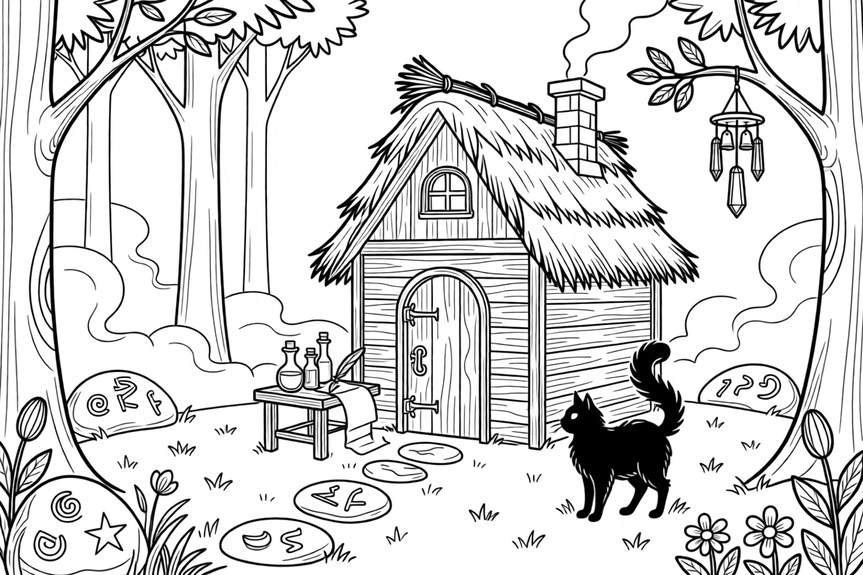 A witch's cottage nestled in a misty forest clearing, with glowing runes etched into the surrounding stones.