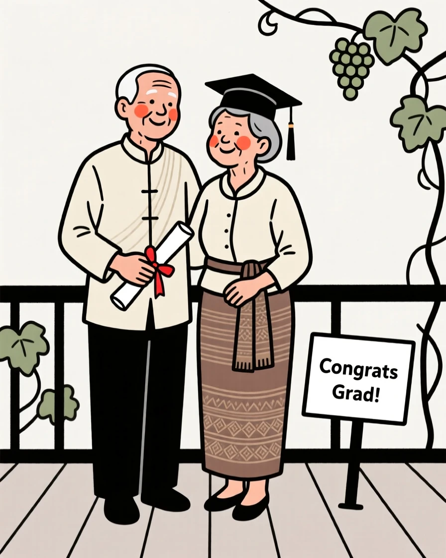 An elderly couple of Thai heritage celebrating a graduation, on a vineyard terrace.