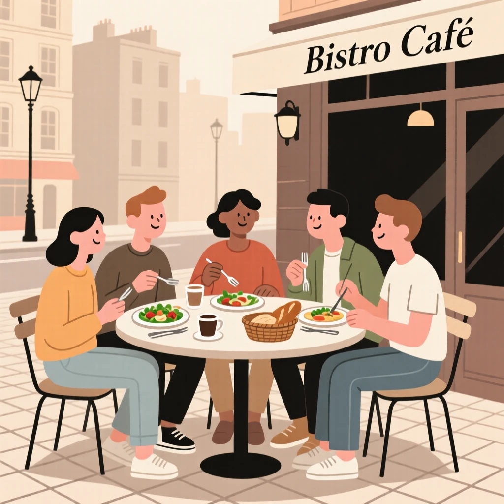 A group of friends sharing a meal together at an outdoor cafe in the city.