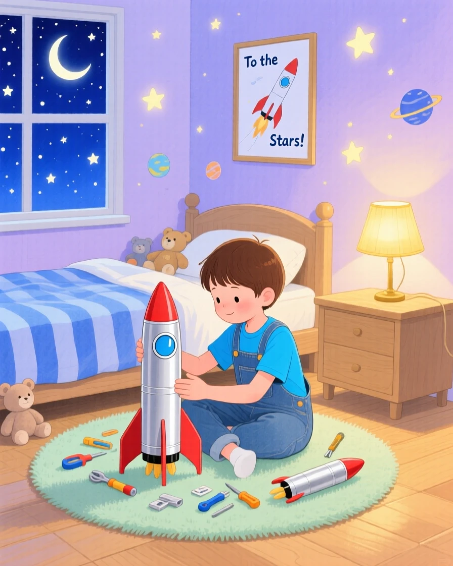 A dazzling view of a child building a model rocket in a starlit bedroom.