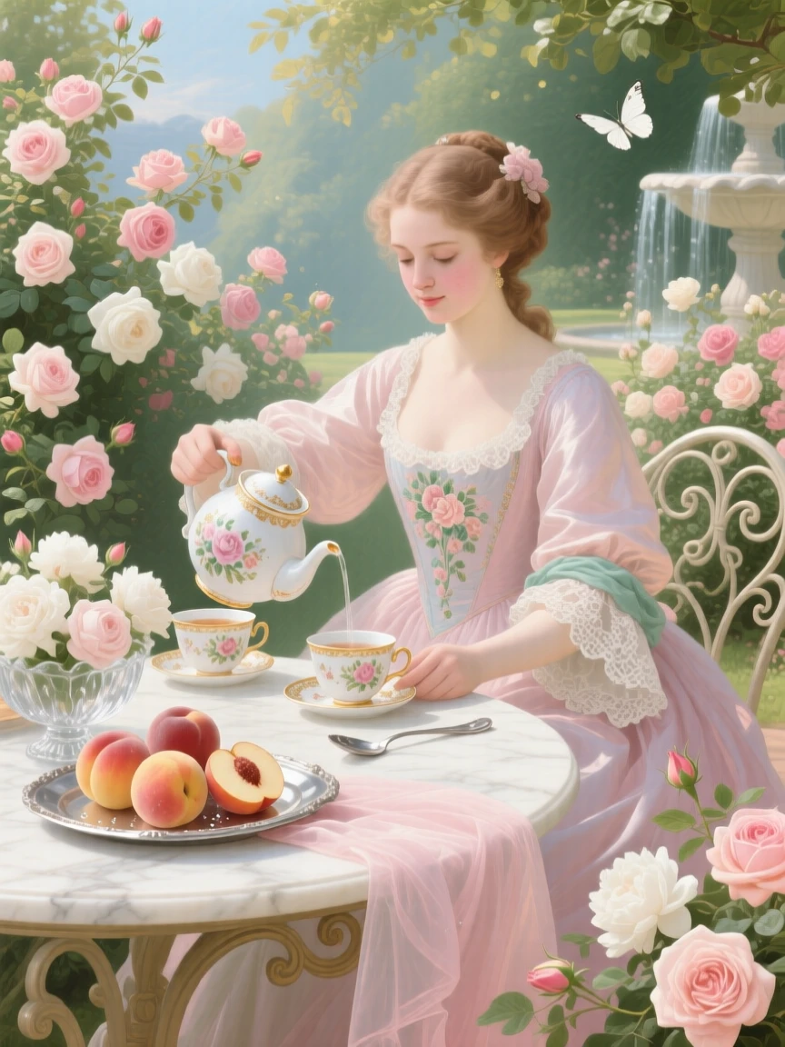 A summer breakfast in a rose garden with fresh peaches and porcelain cups  