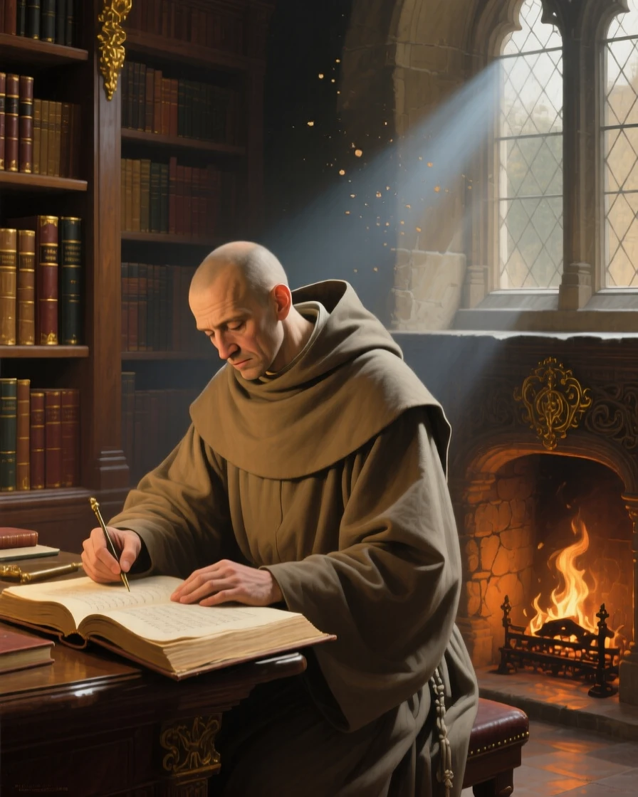 A monk illuminating a manuscript in a quiet scriptorium captured in a quiet, introspective moment, set within a book-lined study warmed by a crackling fire, with dust motes drifting visibly in a beam of window light; a tight three-quarter portrait draws focus entirely to the expression, evoking tenderness, memory, and unspoken emotion.
