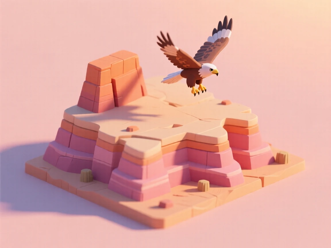A high desert mesa landscape at sunset, layered rock formations glowing orange and pink, and a lone hawk circling overhead.