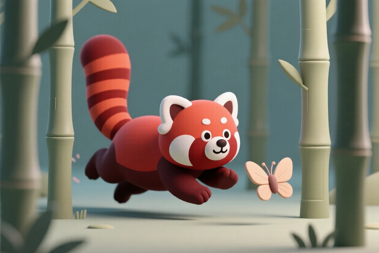 A playful red panda tumbles through a bamboo grove, bushy striped tail trailing behind as it chases a butterfly.