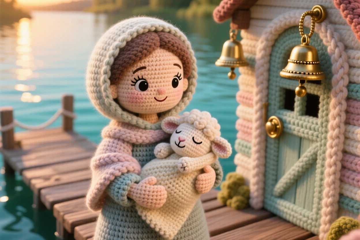 a gentle midwife figure cradling a lamb, with a soft shawl and kind eyes, is captured wrapping a newborn lamb in a blanket in a peaceful riverside dock at golden hour beside a small brass bell hanging by the door, radiating gentle pride in a job done with care.