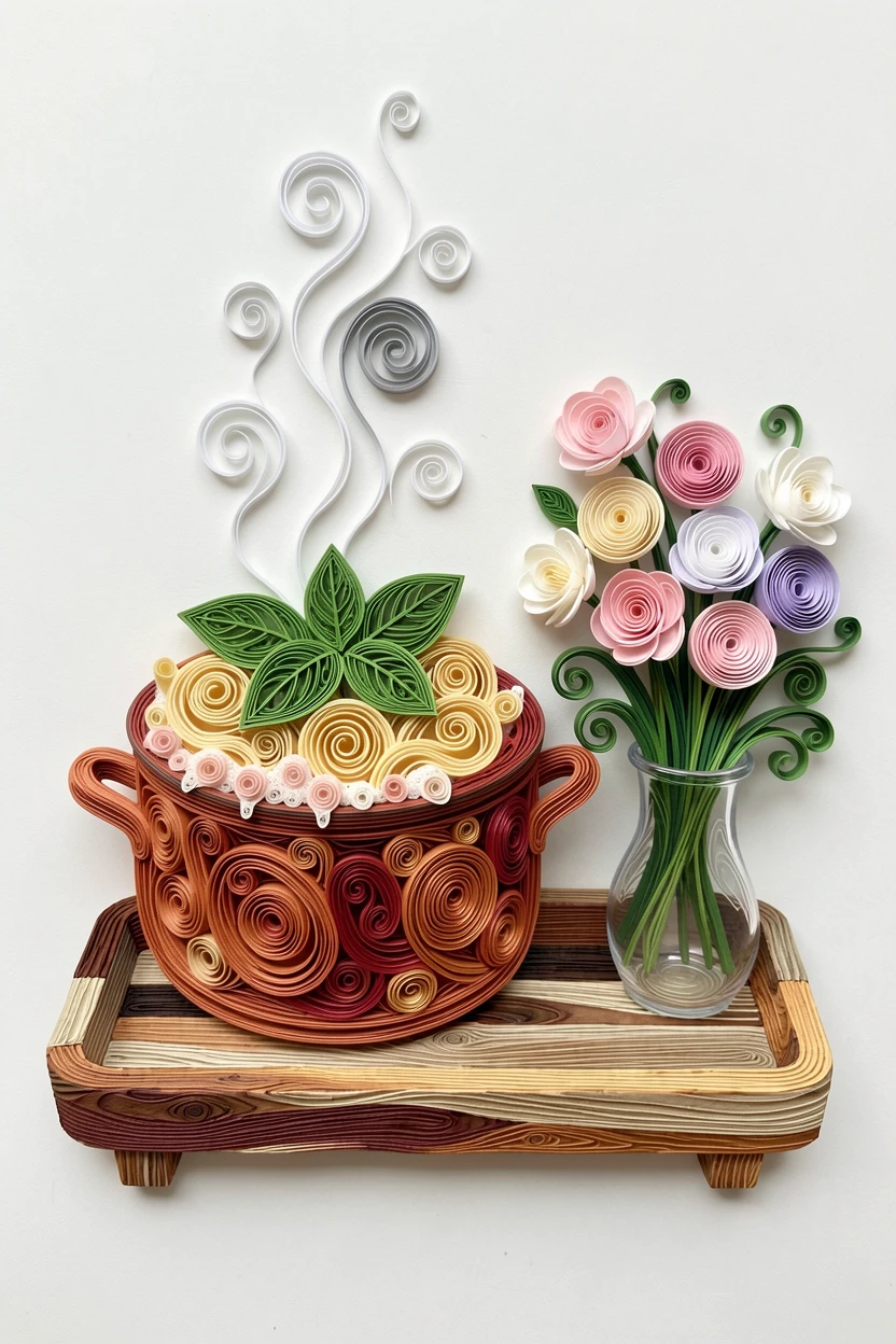 a bubbling pot of pasta with fresh basil on top, on a wooden tray beside a vase of fresh flowers, arranged with rustic textures adding warmth, with soft steam rising gently into the air.