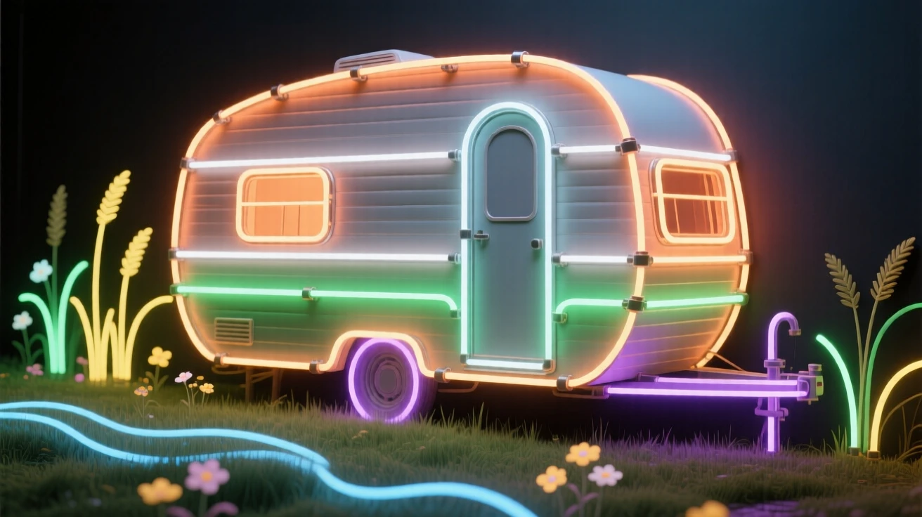 A restored vintage caravan parked beside a country meadow.