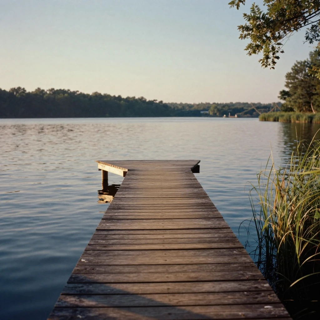 A wooden dock stretching into a lake at golden hour, in cool blue twilight, with a soft breeze stirring the air, in the height of summer, with a soft sepia-tinted glow, from a three-quarter angle.