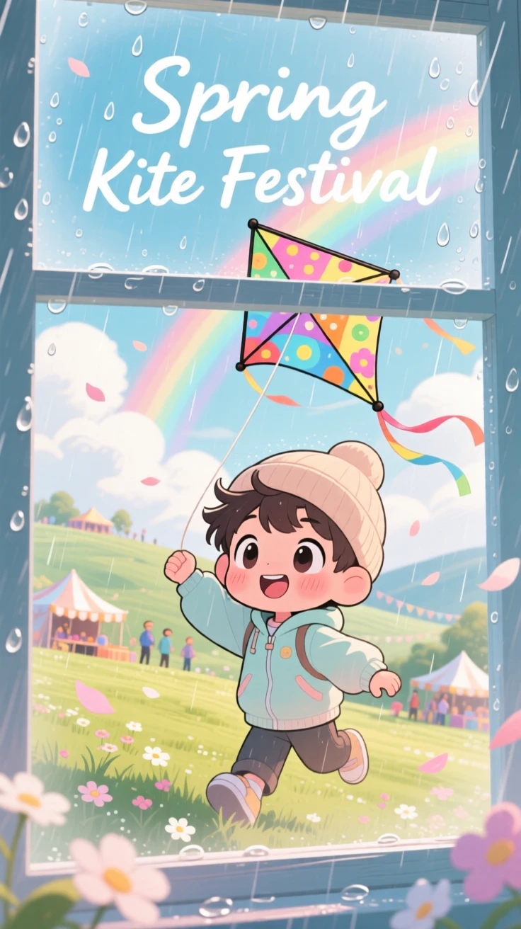 In a breezy hillside festival, a young boy is flying a kite at a spring kite festival during a gentle spring rain shower, bathed in bright rainbow-tinted light, expression full of gentle surprise. Shot as a framed through a window.