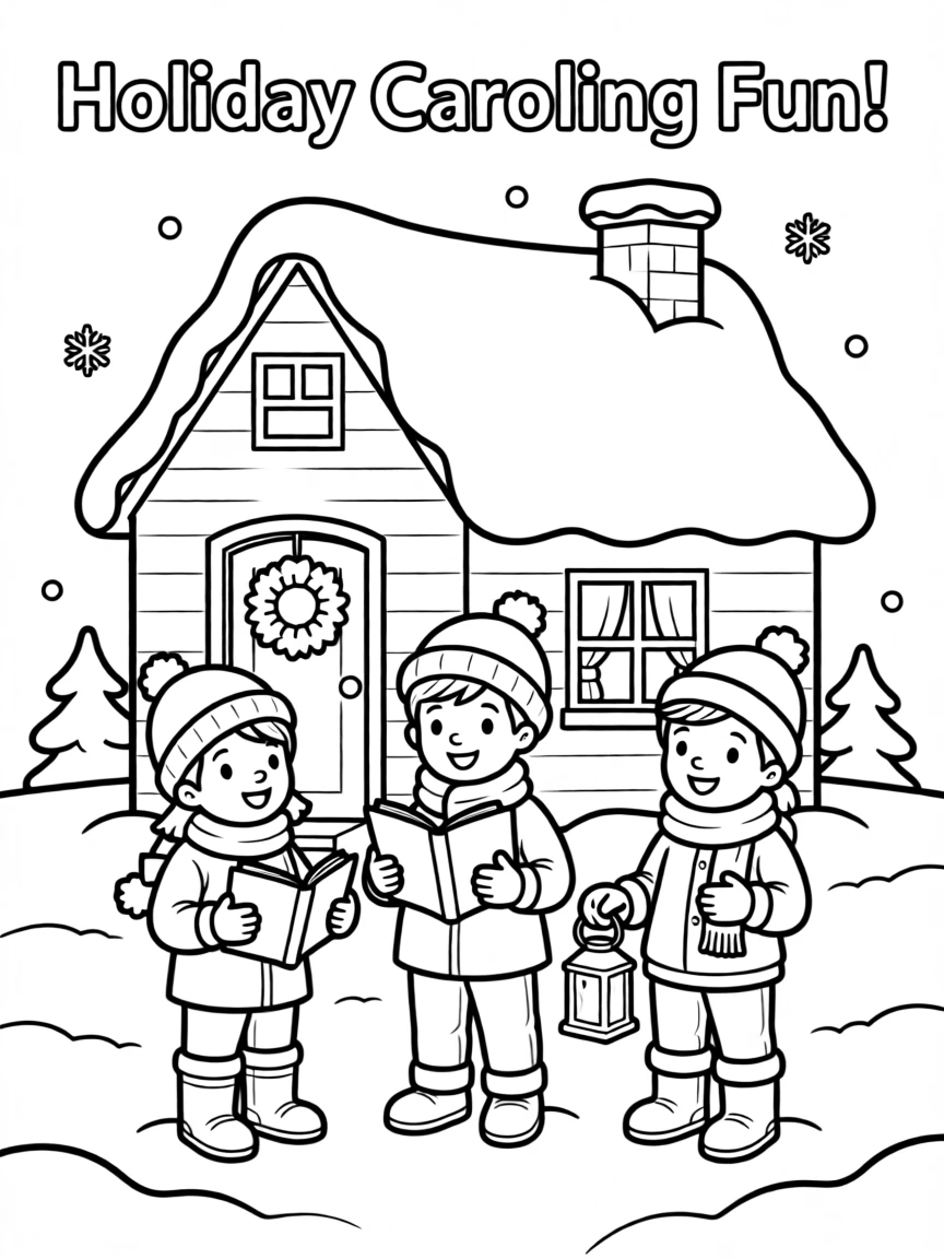 Children caroling outside a snow-covered house