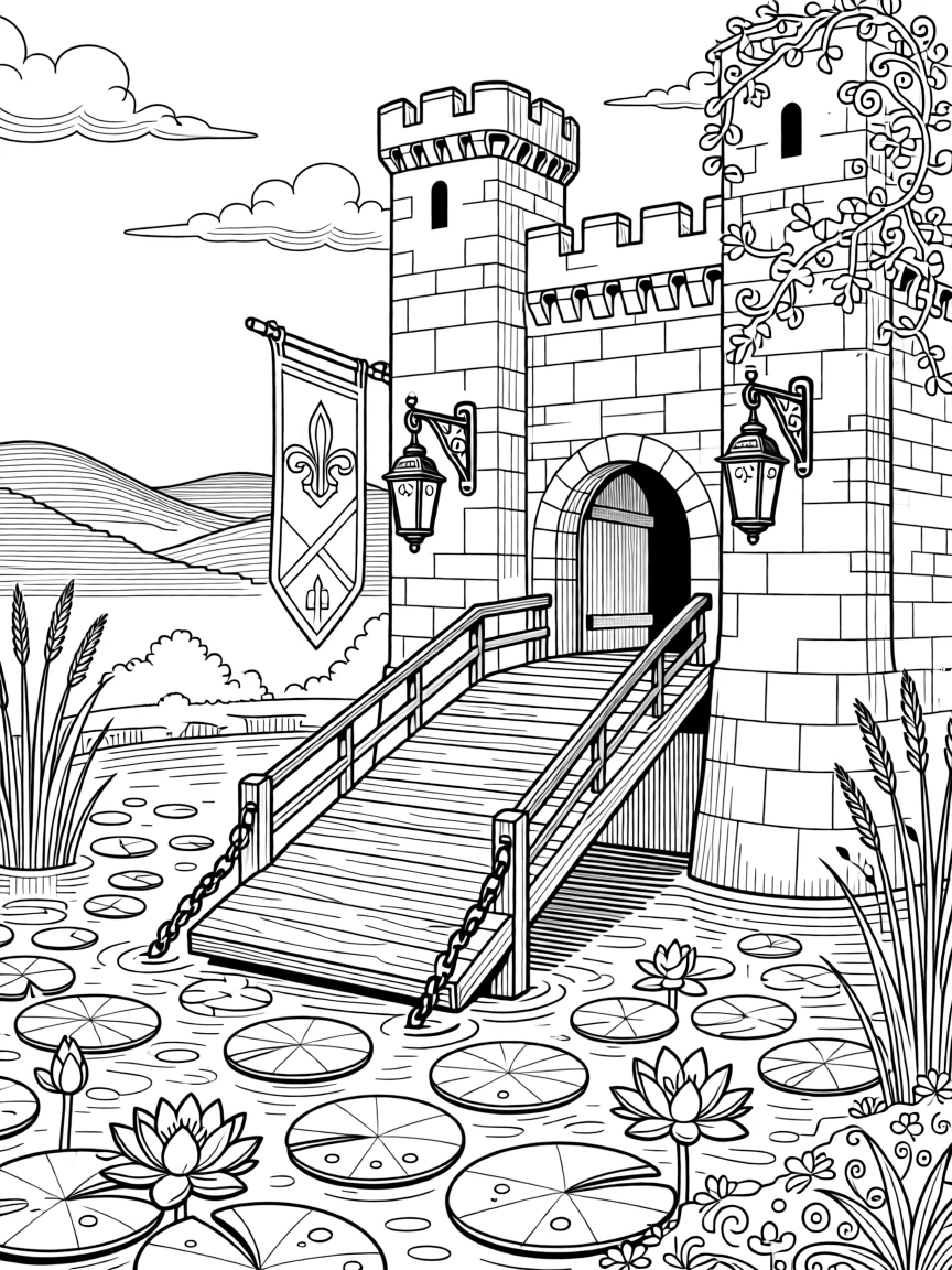 A castle drawbridge lowering over a moat filled with lily pads.