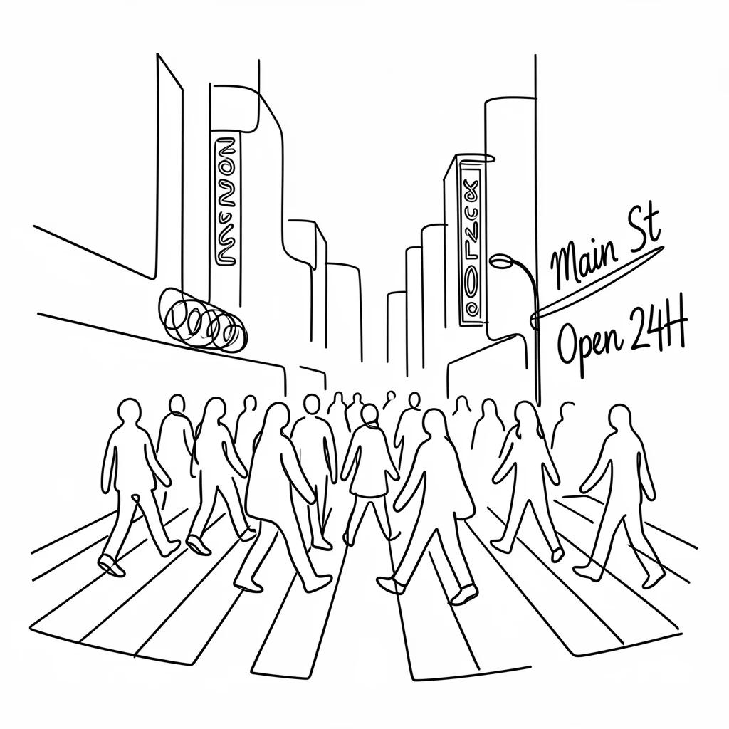 A busy crosswalk in a neon-lit downtown district after dark