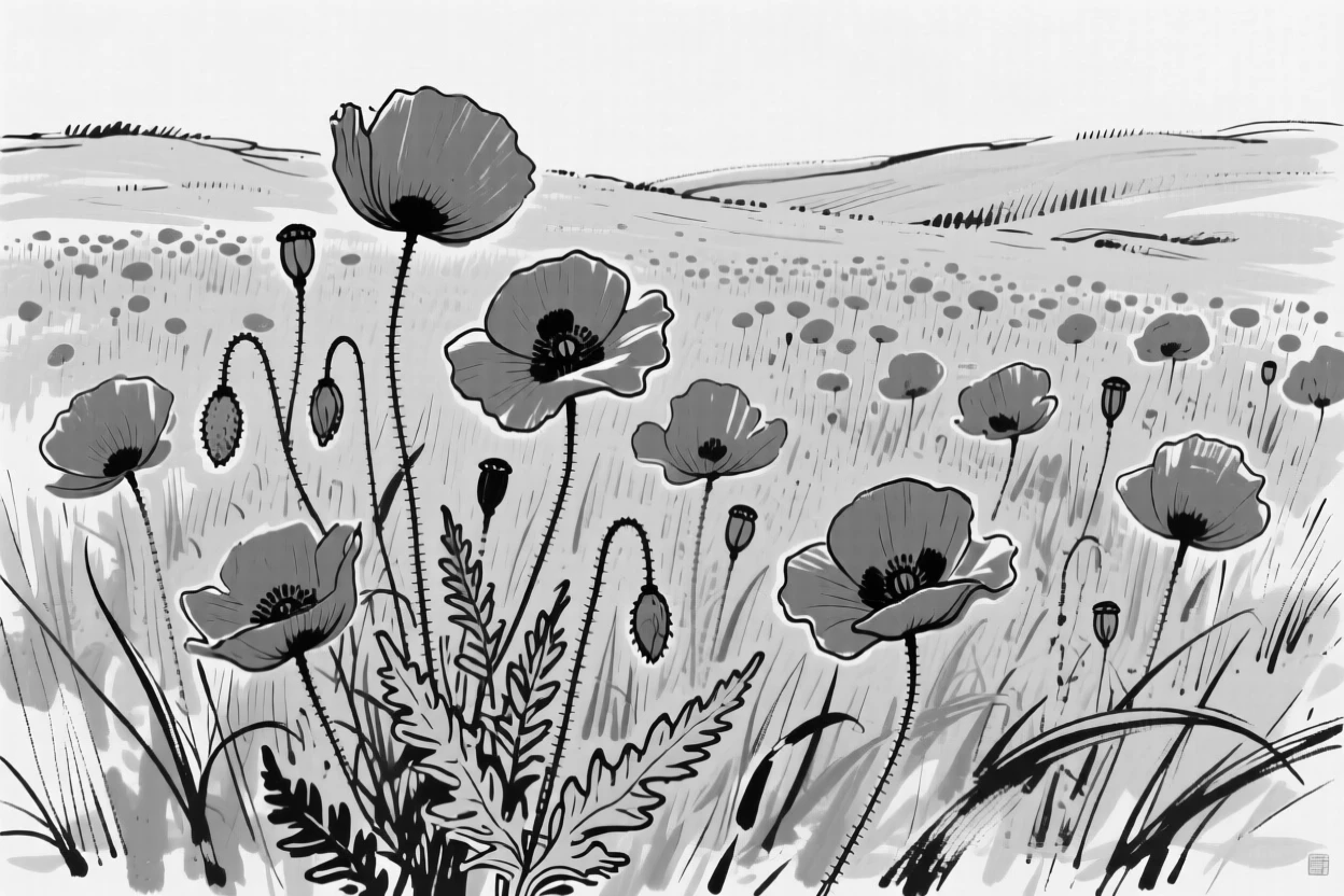 A field of red poppies scattered across a green meadow.