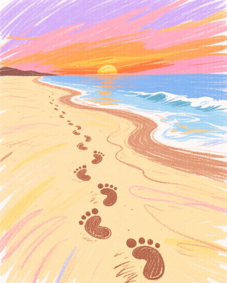 Footprints trailing along a deserted beach at sunset.