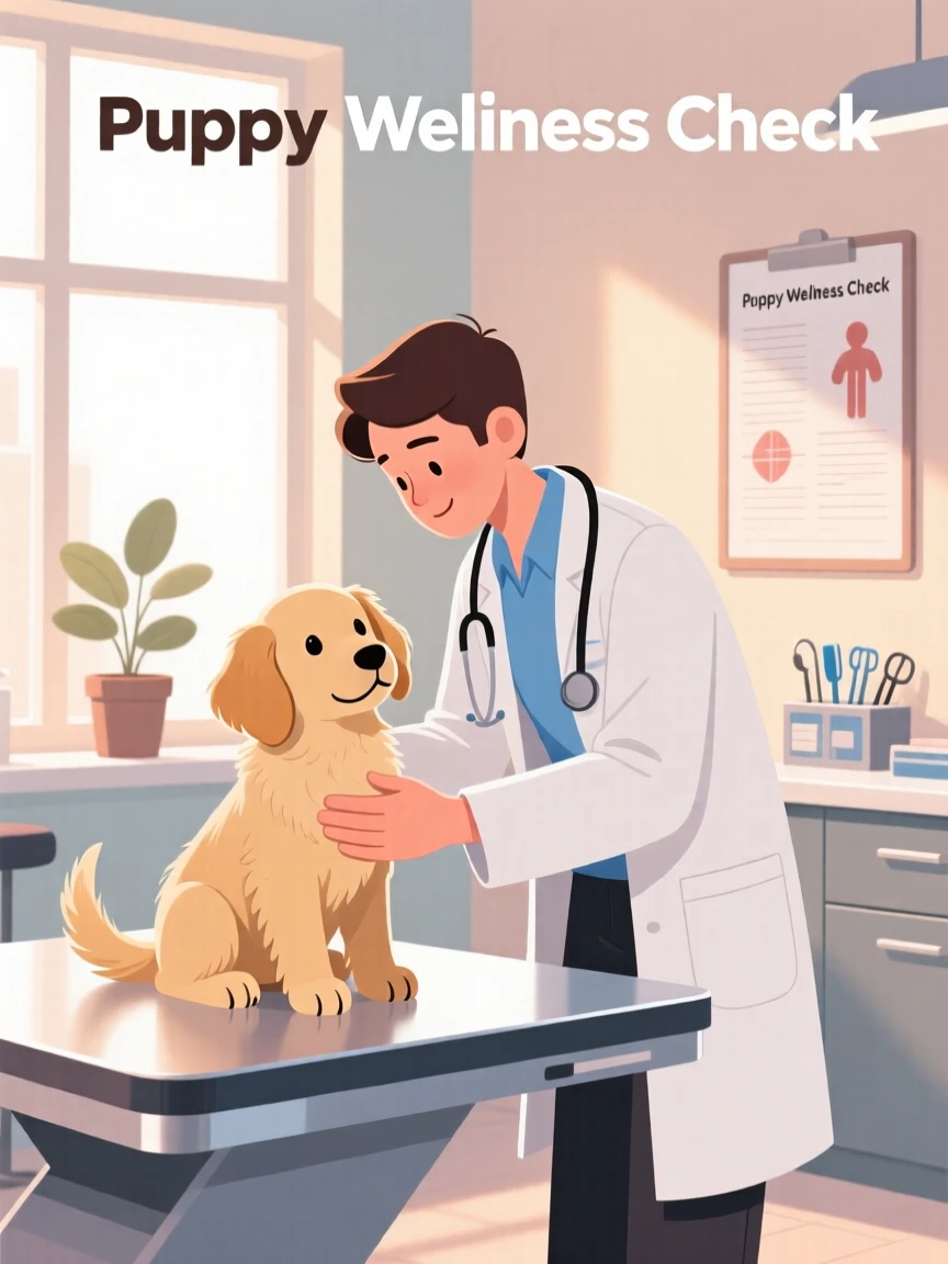 A veterinarian gently examining a small puppy, in a bright, airy studio filled with natural light, composed with gentle motion blur suggesting playful movement, with a sense of warmth and togetherness in every detail.