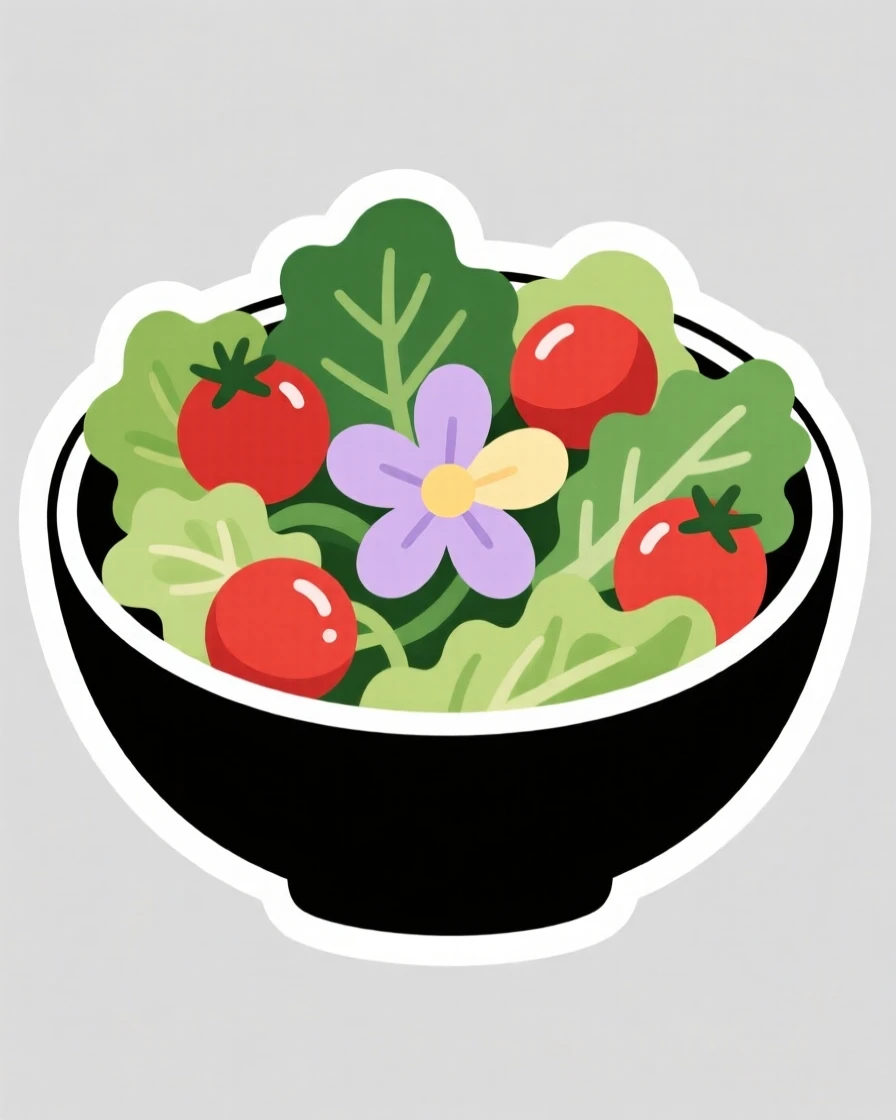 A cozy and comforting bowl of fresh salad with cherry tomatoes, topped with a single edible flower, during a relaxing afternoon tea break.