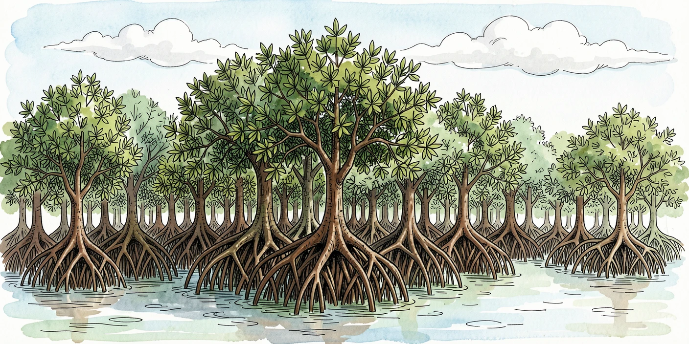 A dense mangrove forest with roots arching into calm tidal water, clouds drifting slowly across an otherwise clear sky.