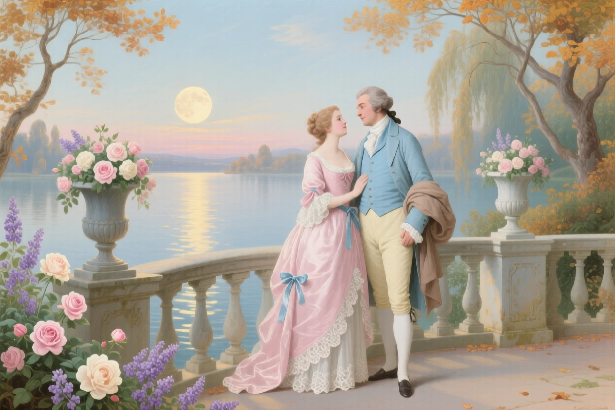 An autumn moonrise over a lake with a couple standing on a stone terrace  