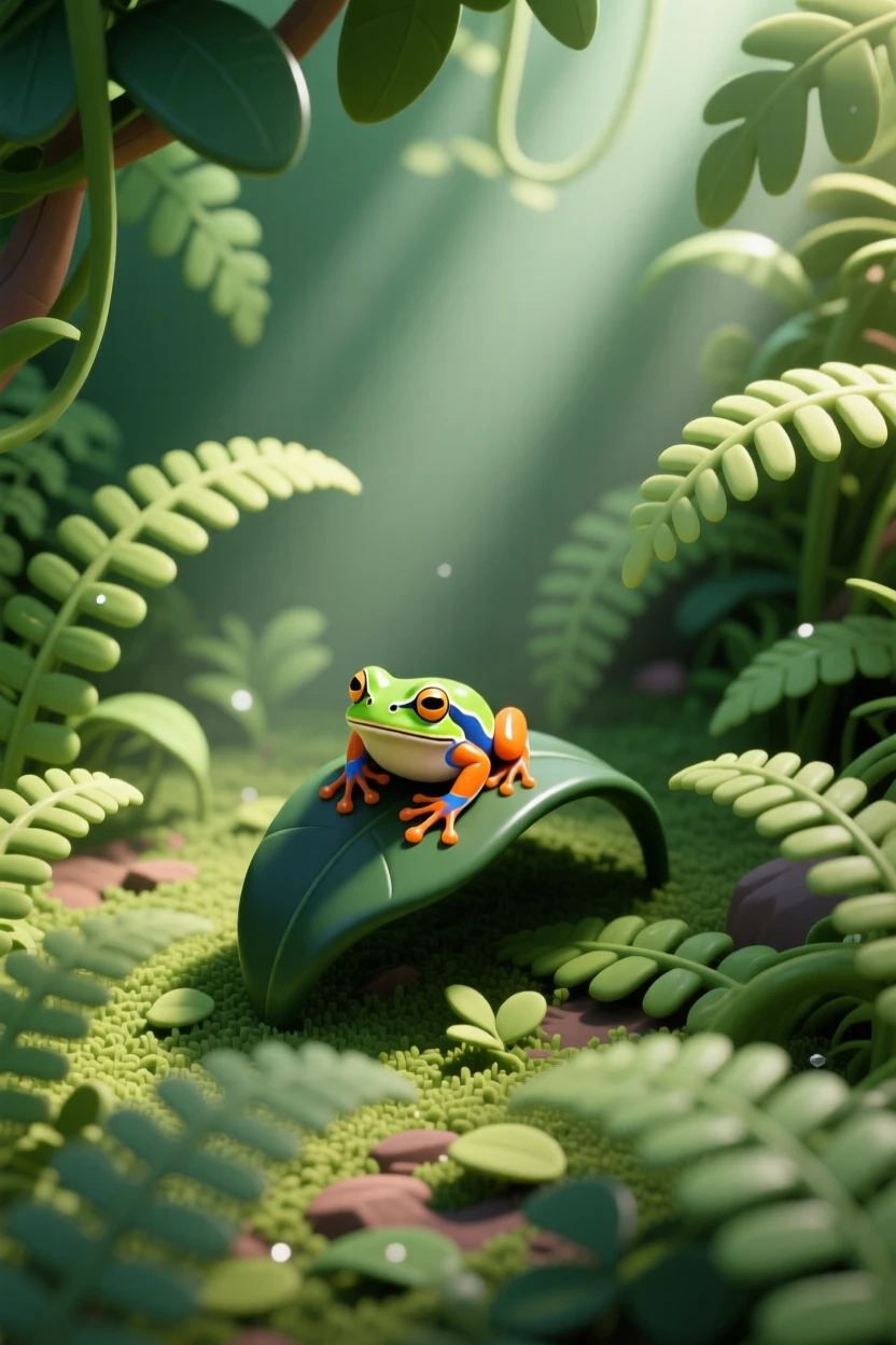 A dense fern forest floor with shafts of light breaking through a jungle canopy, and a colorful frog perched on a broad green leaf.