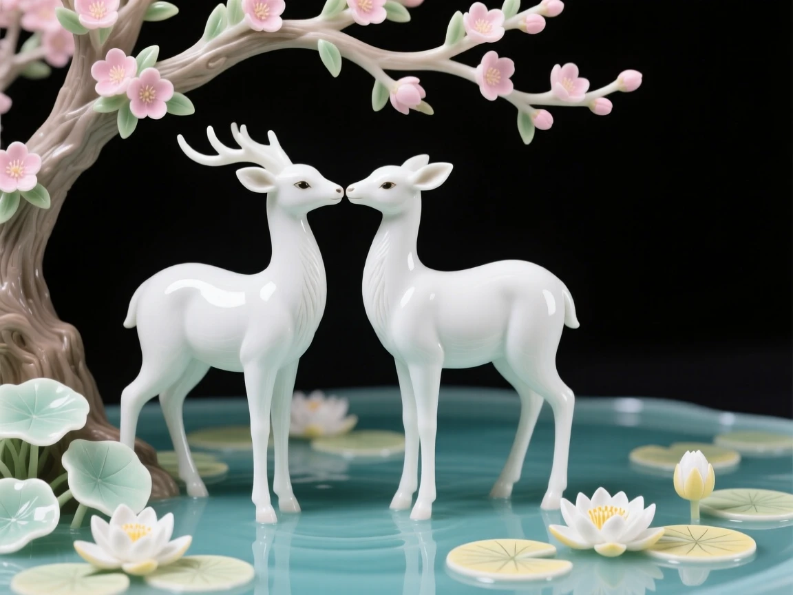 A pair of deer nuzzling gently beneath a blossoming tree beside a lily-covered pond.