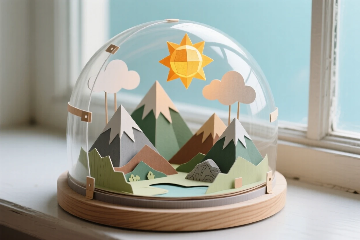 An entire miniature world existing inside a glowing glass terrarium on a windowsill, complete with tiny mountains and a glowing sun, evoking whimsical scale play.