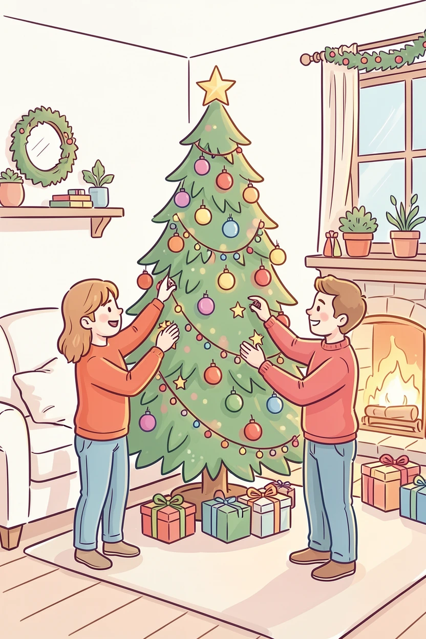 A family decorating a Christmas tree together in a cozy living room.