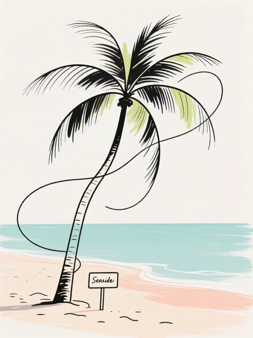 A palm tree swaying on a beach