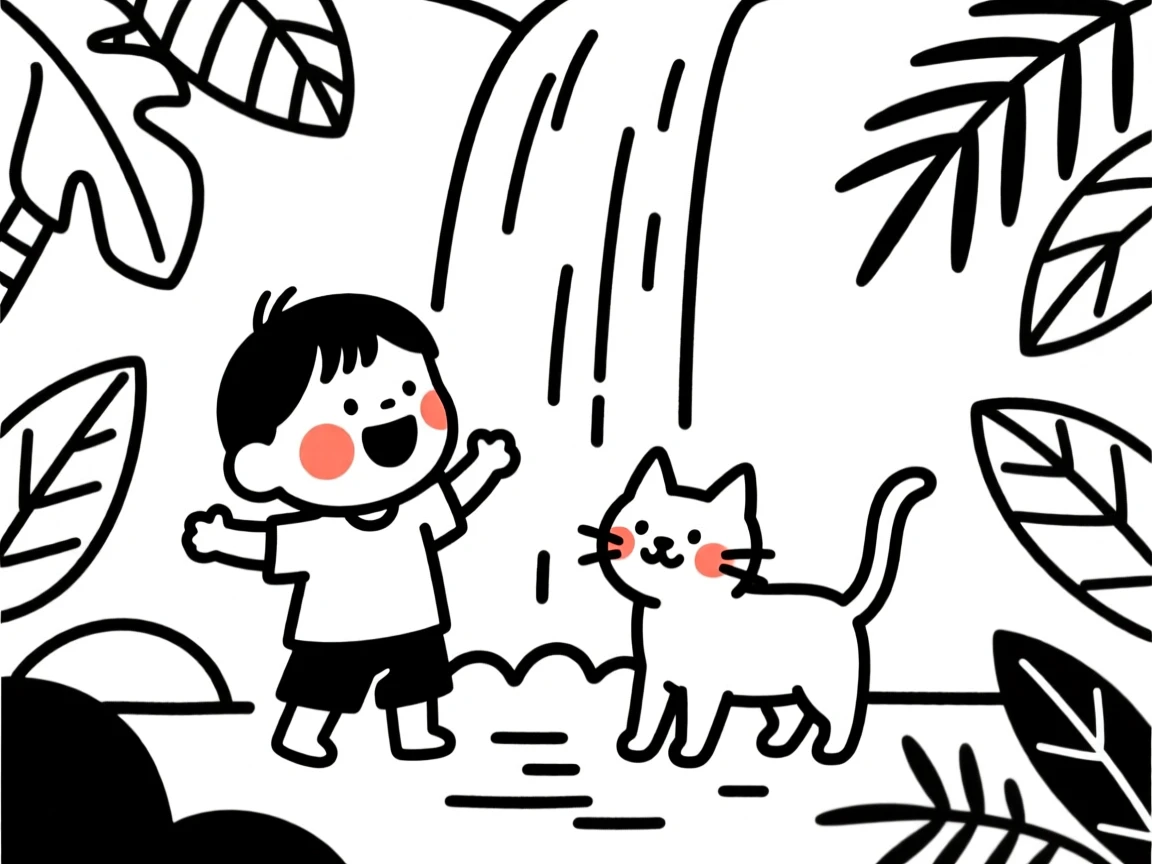 A toddler with a playful kitten, bursting with excitement, by a waterfall in the jungle.