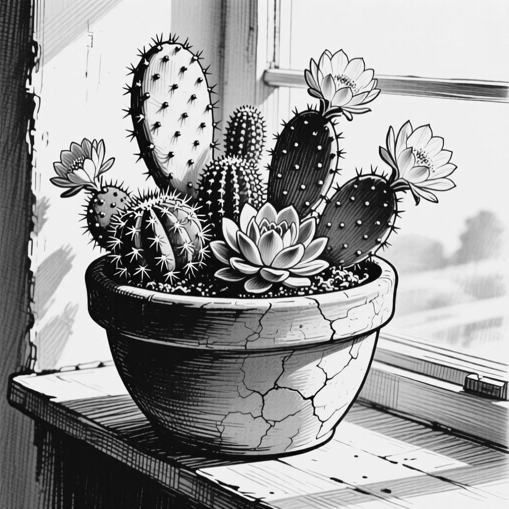 A cactus garden in a terracotta pot arranged on a windowsill in soft light, with soft shadows falling across the petals, composed in a delicate and romantic still-life arrangement.