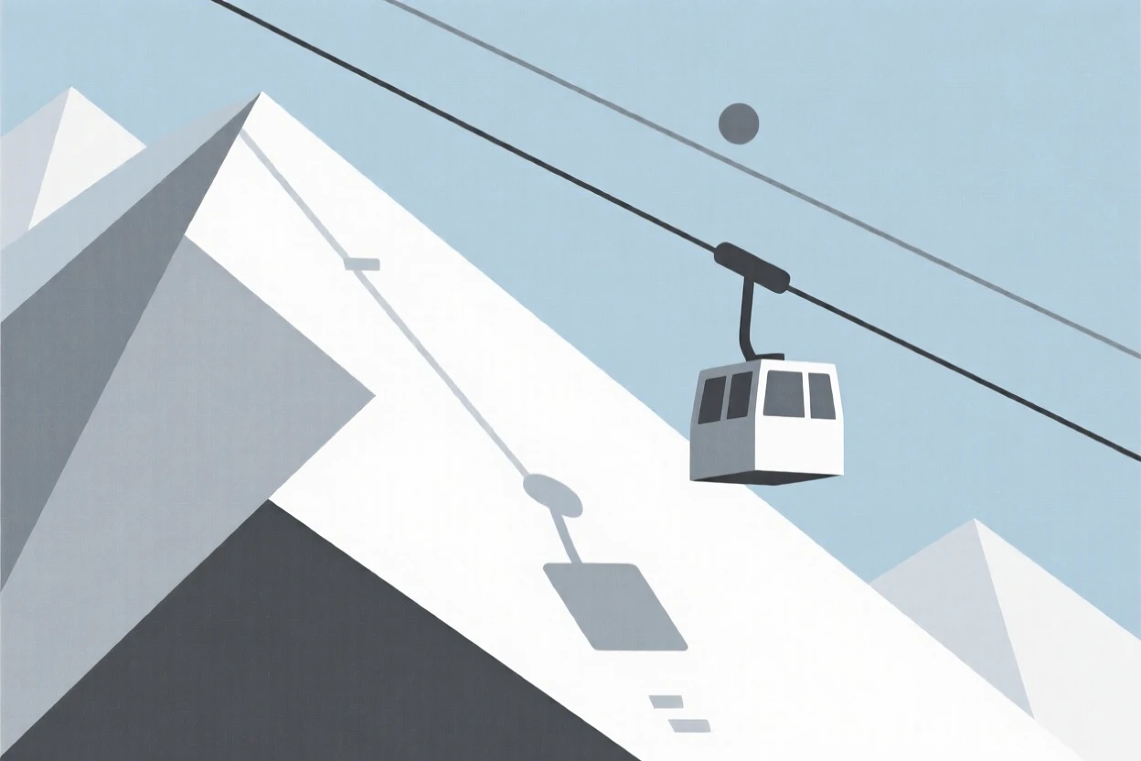 A cable car ascending a snowy mountain