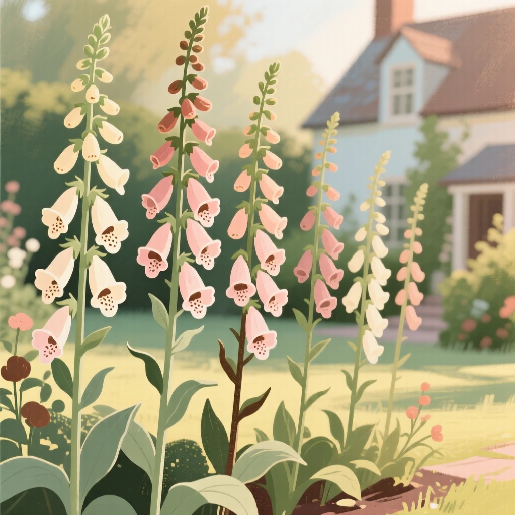 A row of tall foxgloves standing in a cottage garden