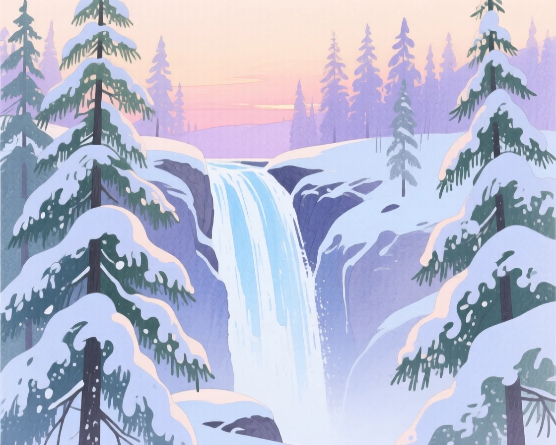 A breathtaking view of a snow-dusted pine forest in the soft glow of dusk, with a waterfall cascading in the distance