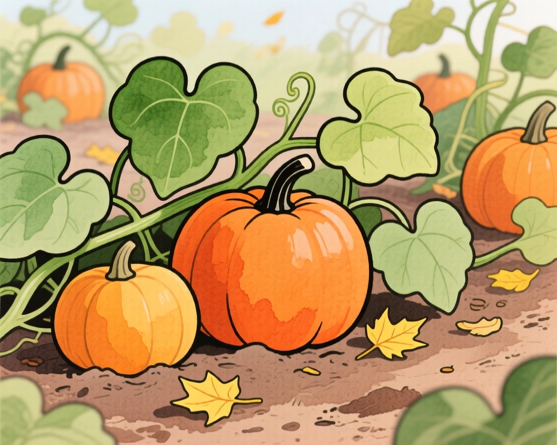 A close-up of a pumpkin patch ready for harvest.