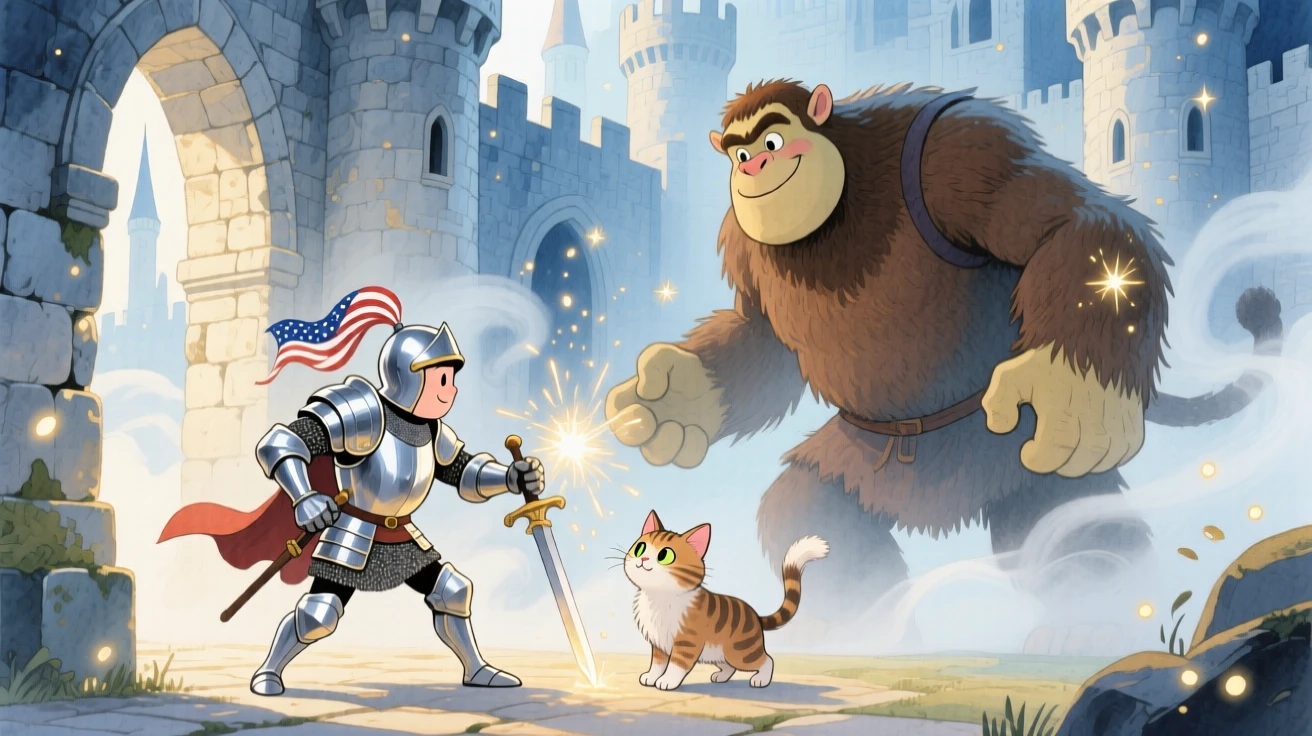 A brave knight in gleaming armor battling gently with a friendly giant for a lost kitten, in an ancient castle wrapped in mist, filled with wonder and magical excitement.