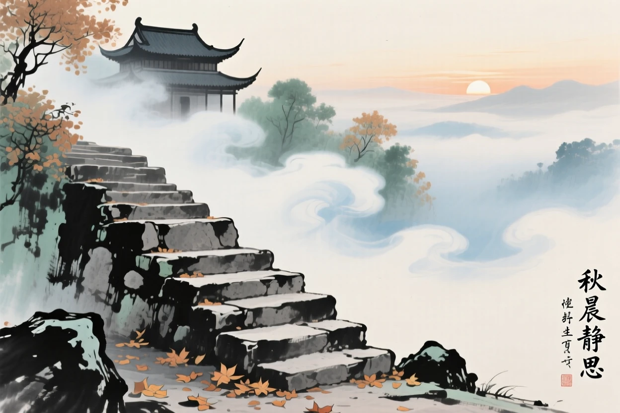 A stone staircase climbing toward a temple hidden in the clouds, in the quiet hour before sunrise, at the turn of autumn.