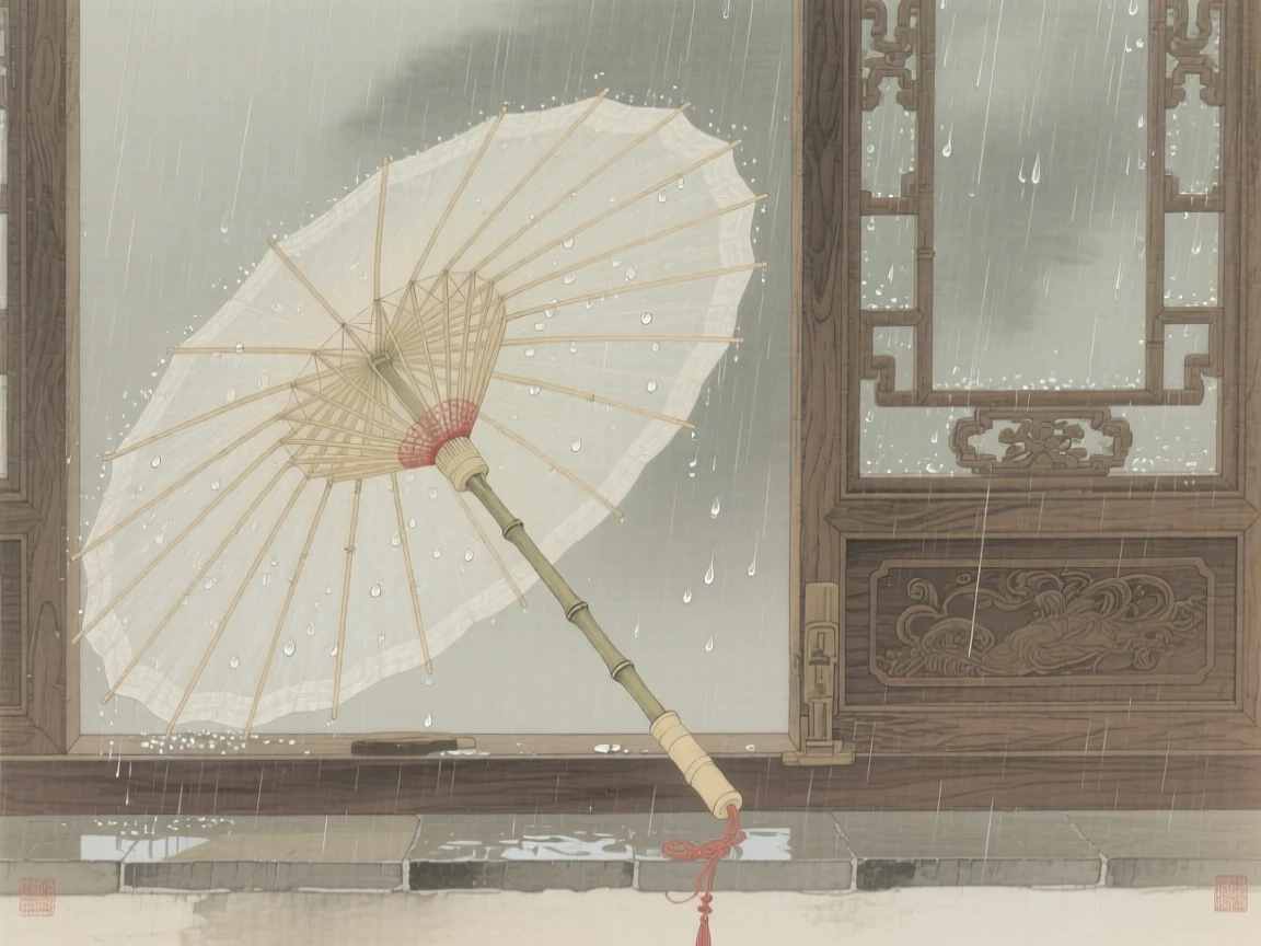 A paper umbrella leaning against a window on a rainy day