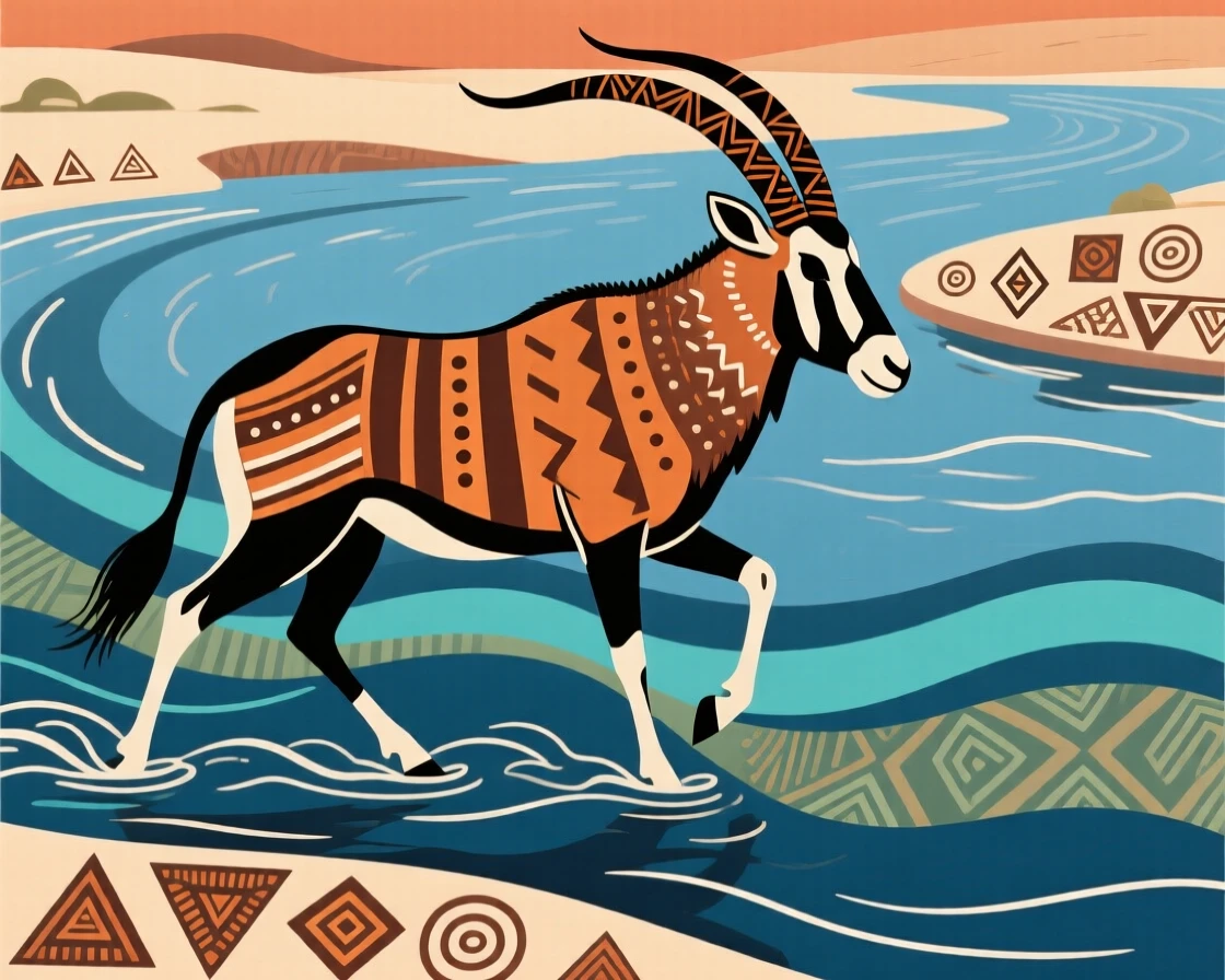 An oryx crossing a wide river.