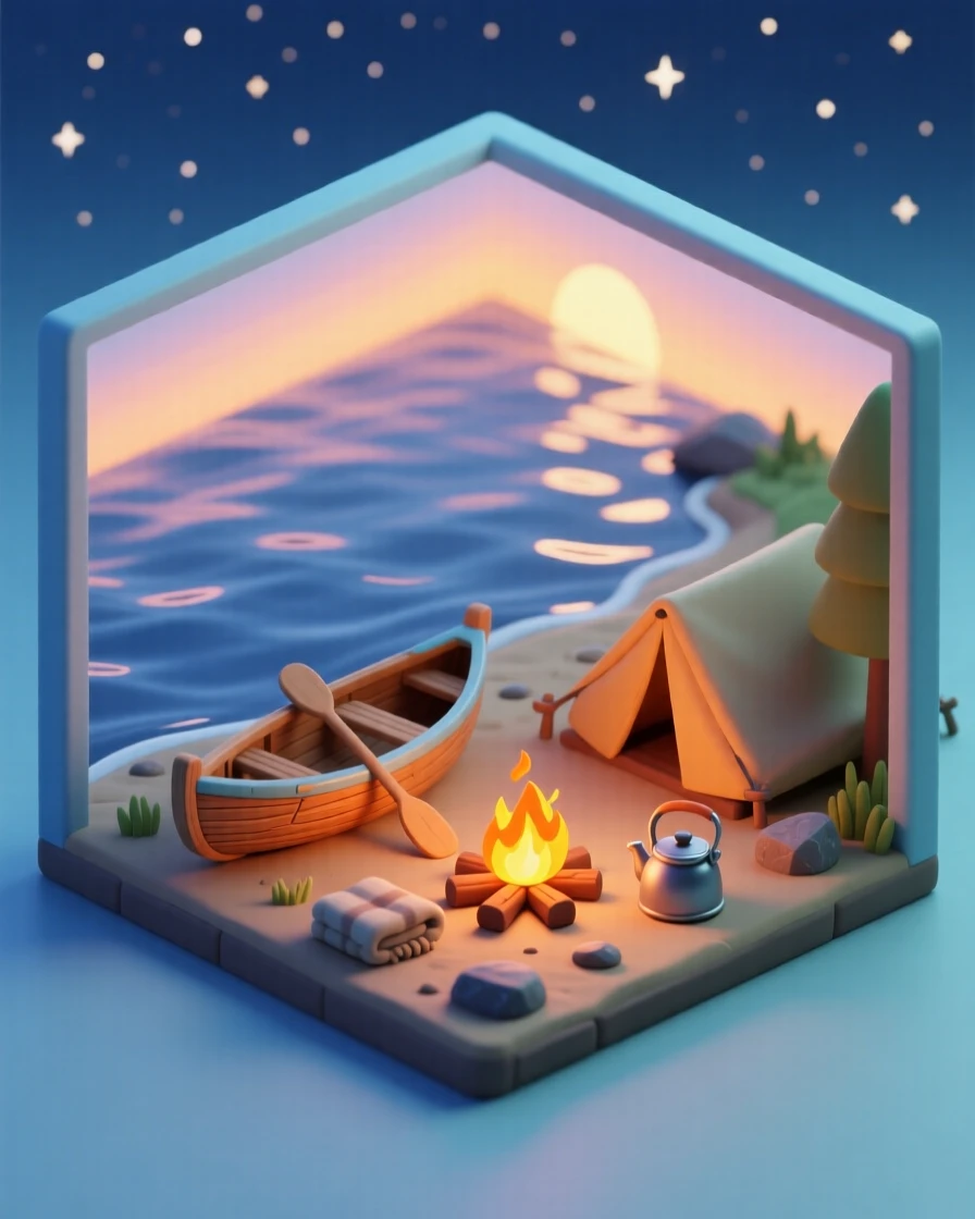 A tranquil lakeside campsite at dusk, a canoe pulled up on the shore, a campfire crackling, and stars beginning to appear overhead.